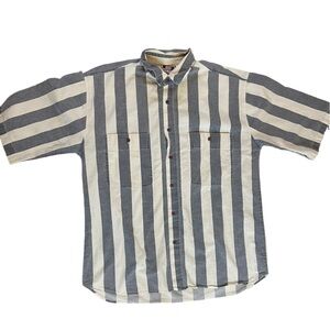 Vintage Gray and White Striped Casual Button Down Shirt